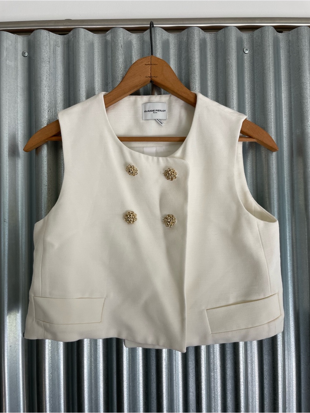 Claudie Pierlot Sleeveless Cream Double-Breasted Vest with Gold Buttons